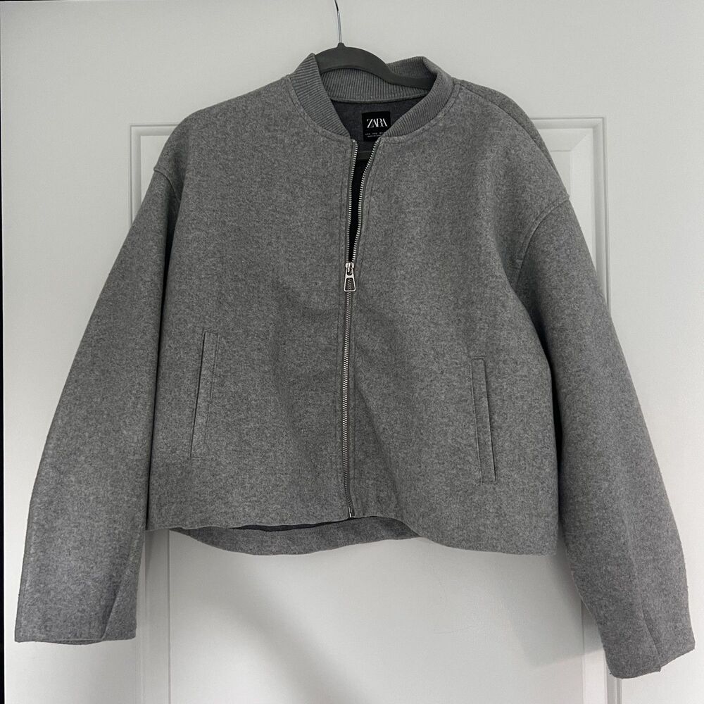 Zara Gray Soft Wool Blend Bomber Jacket - Cropped Zip Up Coat - Size Large